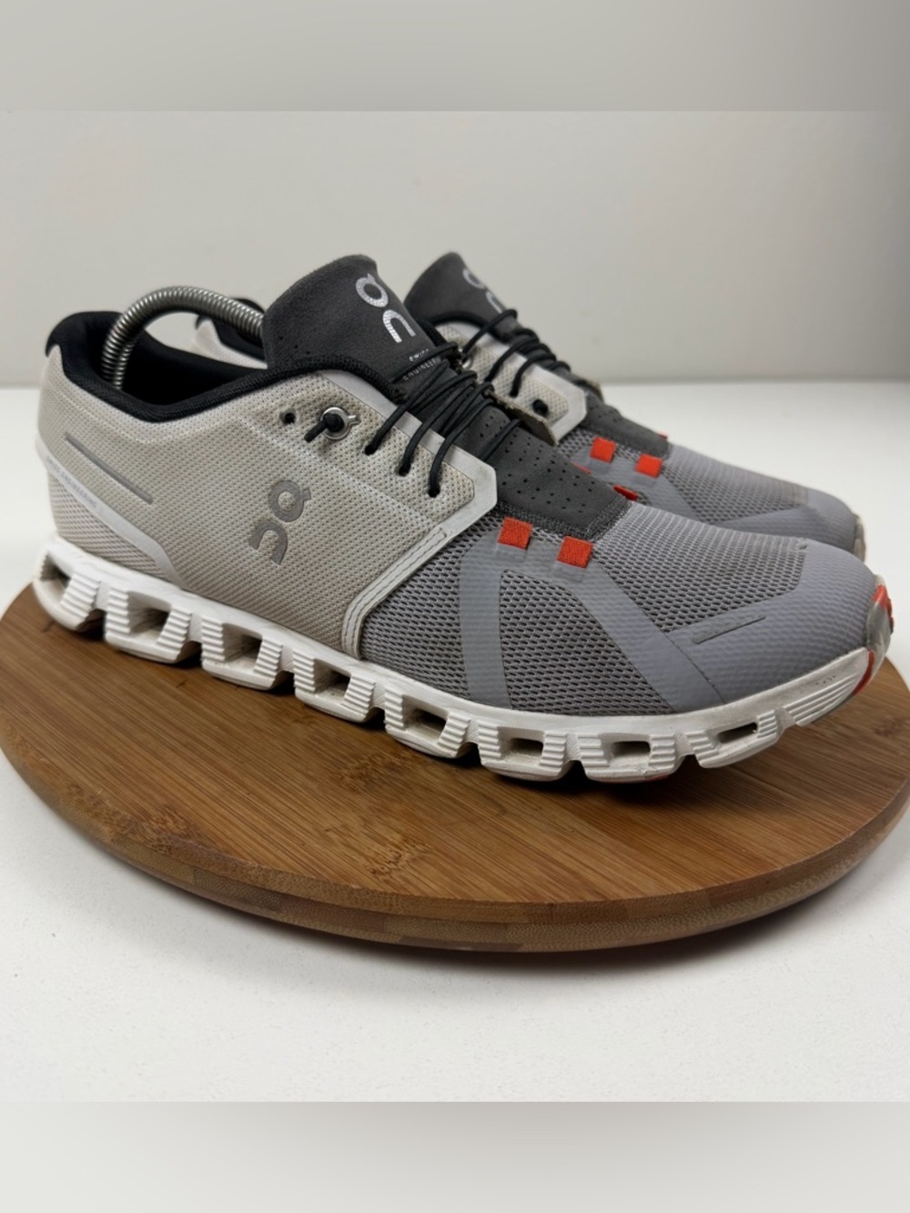 On Running Cloud 5 Men’s Light Grey and Dark Grey Sneakers with Orange Accents